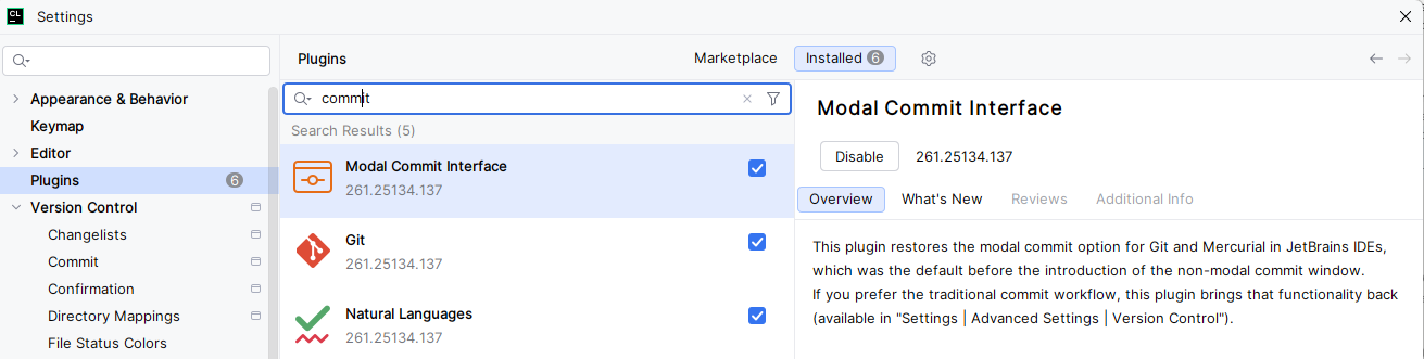 CLion's Plugins settings with "commit" typed in the search box and the Modal Commit Interface plugin selected, showing its description.