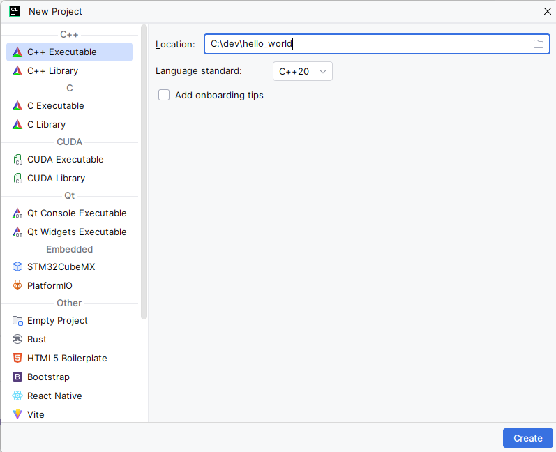 CLion's New Project dialog: "C++ Executable" selected in the left-hand list, Location set to C:\dev\hello_world, and Language standard set to C++20.