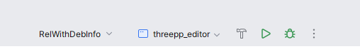 CLion's toolbar: the build-configuration selector, the target dropdown, then the hammer (build), green triangle (run) and bug (debug) buttons.