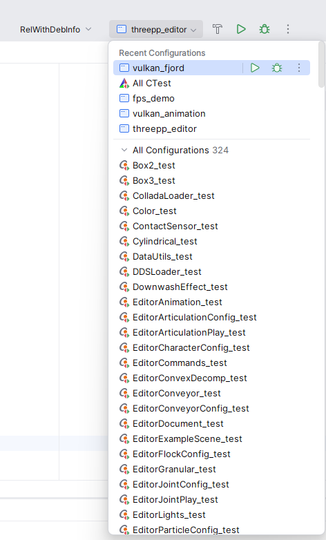 CLion's target dropdown opened, listing recent configurations above the project's full set of targets; the one named in the toolbar is what ▶ builds and runs.