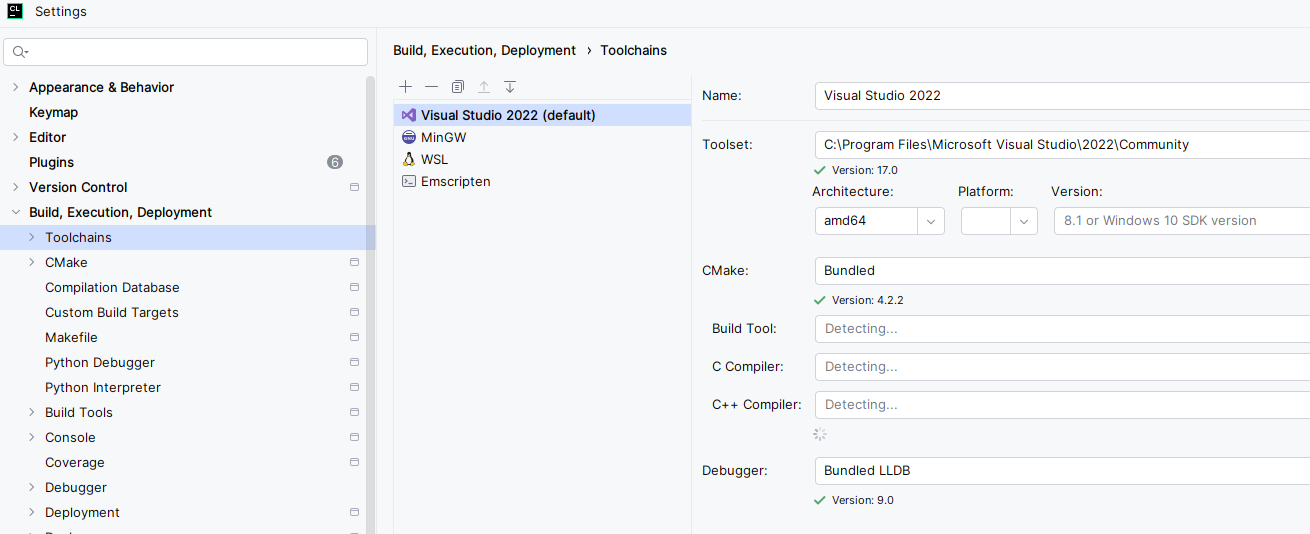 CLion's Toolchains settings page listing the configured toolchains, with the details of the selected one on the right.