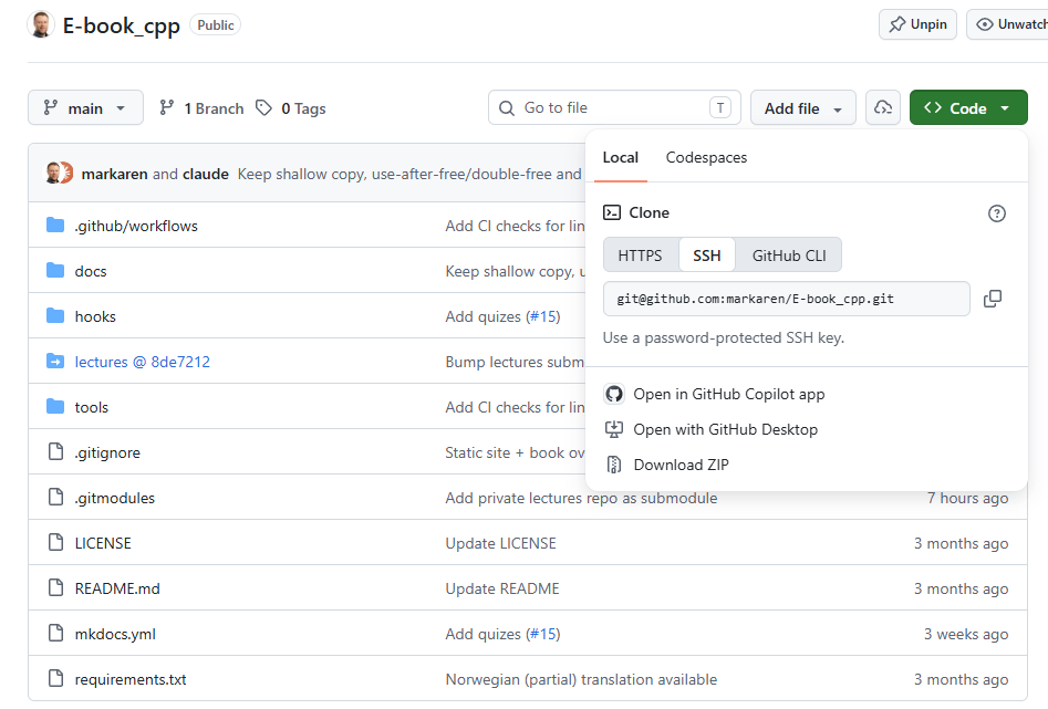 The green Code button opened on a GitHub repository, with the SSH tab selected under "Clone" and the URL reading git@github.com:markaren/E-book_cpp.git.