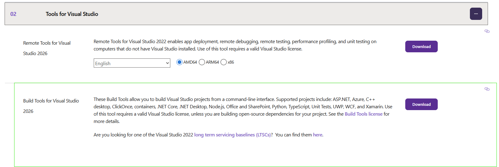 The Visual Studio downloads page, section "Tools for Visual Studio", with the Build Tools for Visual Studio entry and its Download button highlighted.