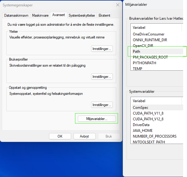 Windows System Properties on the Advanced tab with the Environment Variables button highlighted, and the Environment Variables dialog beside it with the Path entry highlighted in the user list. (Shown on a Norwegian-language Windows: *Miljøvariabler*, *Brukervariabler*.)